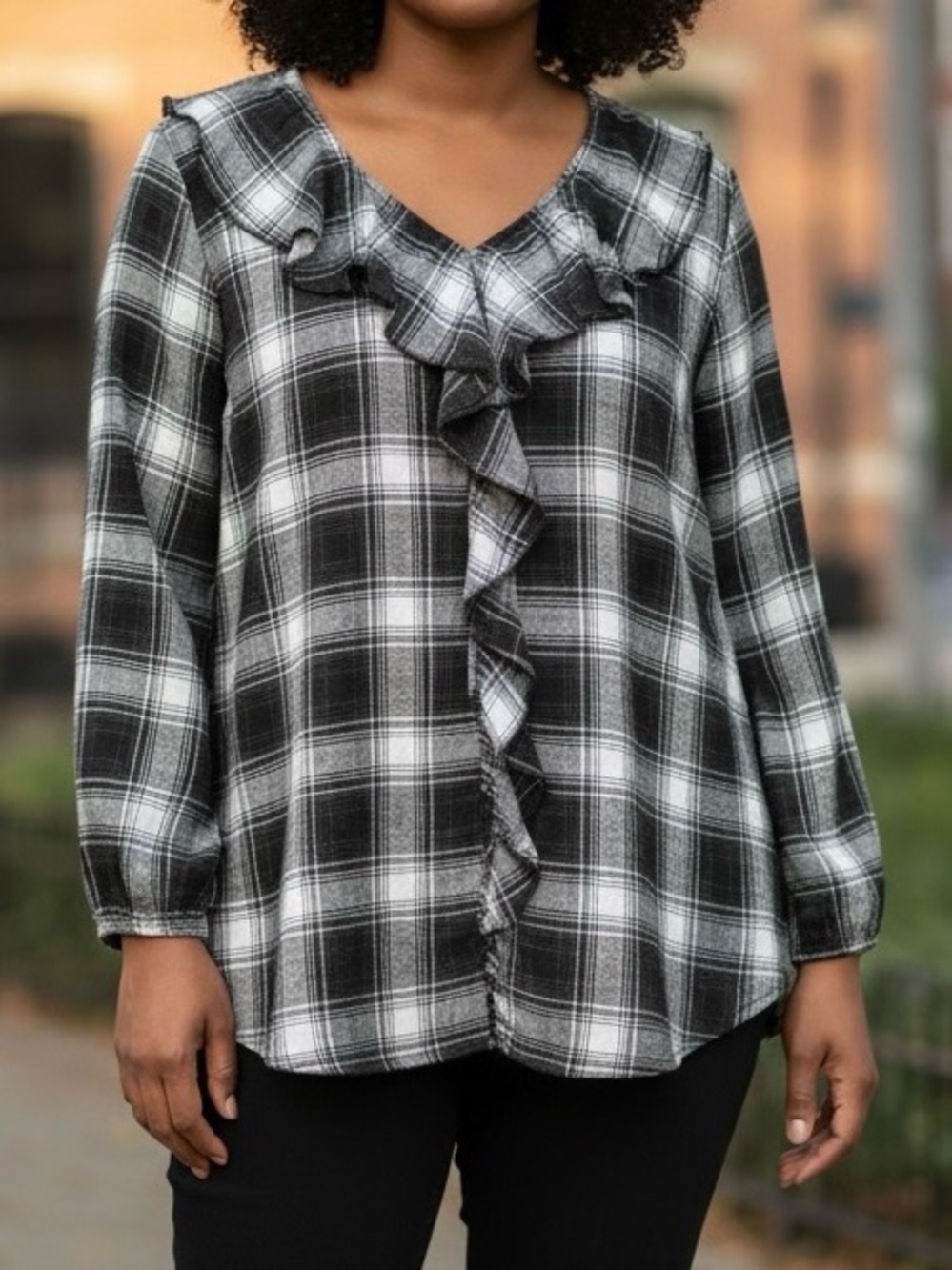 Catherines Plaid Ruffle Front Blouse